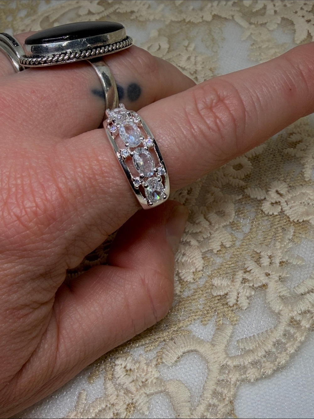 925 Sterling Silver East-West Oval CZ Ring Size 7.5 Statement w/Elegant Sparkle